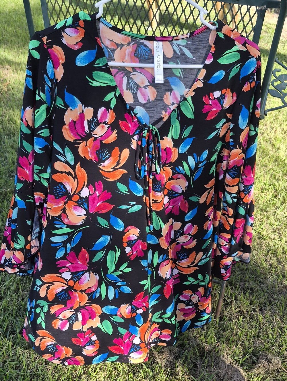 Dear Scarlett Tie-Front V-Neck Blouse Split Bell Sleeve Black w Multicolor Bloom